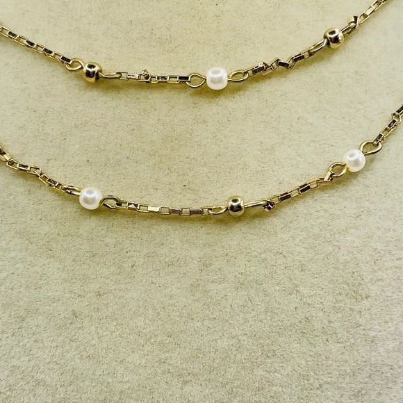 LOFT Gold and Pearl Bead Station Layered Necklace. 14 inches w/a 3 inch extender - Picture 3 of 5